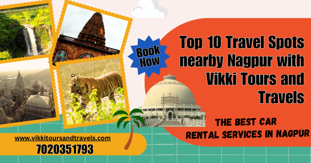 Luxury car from Vikki Tours and Travels parked near a scenic travel destination near Nagpur, ready for a road trip adventure.